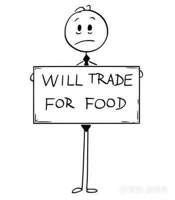 卡通的悲伤饥饿的失业商人控股将贸易的食品标志